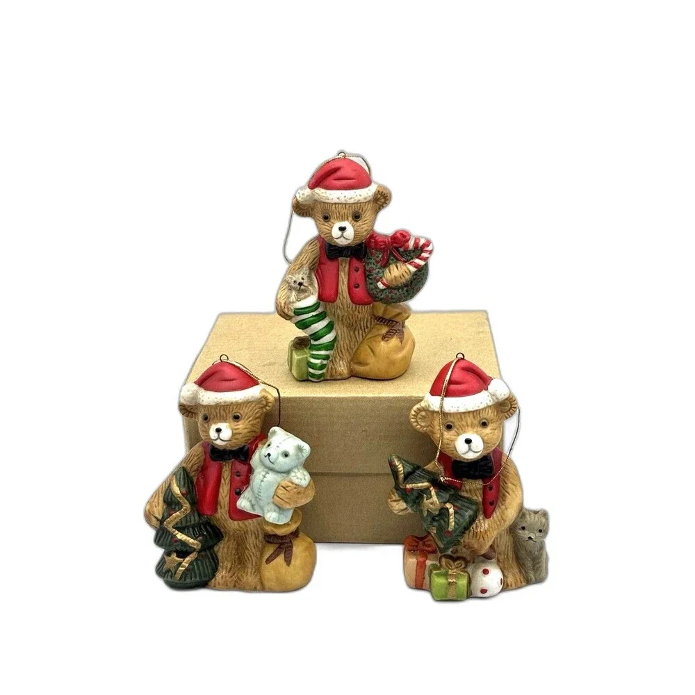 Vintage Christmas Bears In Santa Hats Set Of 3 Ceramic Ornaments